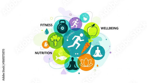Colorful wellness illustration with fitness nutrition and wellbeing icons in a vibrant