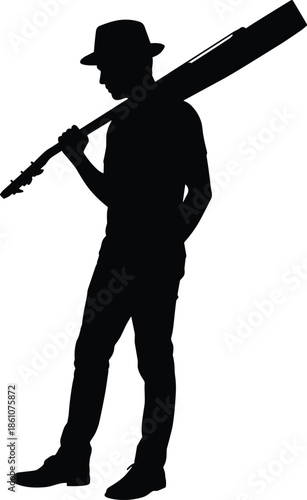 Man silhouette carrying guitar case on shoulder, musician shadow figure, street performer concept, artistic lifestyle illustration isolated white background design