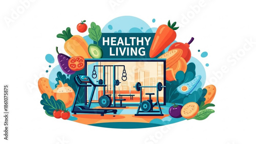 Healthy living concept with gym equipment and fresh vegetables and fruits around