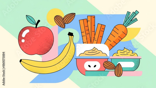 Healthy baby food illustration with fruits, vegetables, and puree in colorful containers