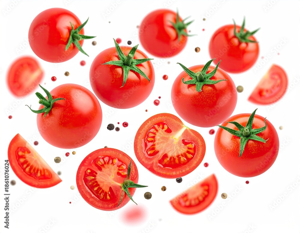 Fototapeta premium Red tomatoes and slices float with peppercorns on white background
