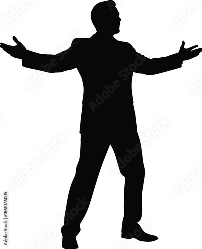 Man silhouette standing with open arms, welcoming gesture, freedom expression concept, confident lifestyle illustration isolated on white background design