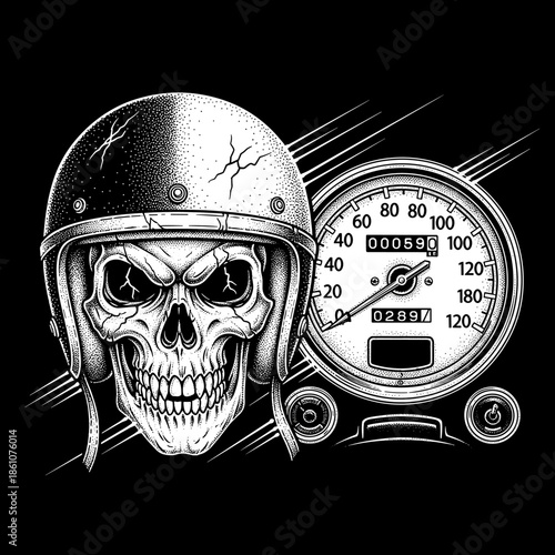 Scary Skull Wearing Helmet Next to Motorcycle Speedometer.