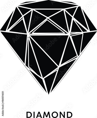 Black Diamond Gemstone Silhouette with Geometric Facet Lines and Bold Typography Design