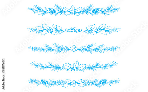 Elegant blue Christmas garlands with pinecones and holly