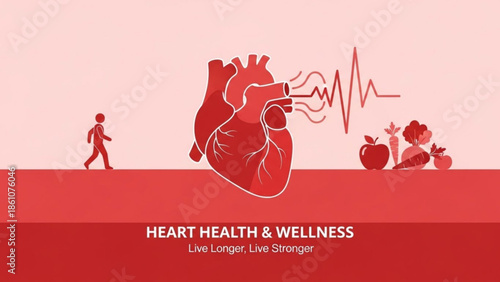Heart health and wellness illustration with human heart and healthy foods