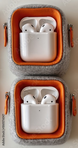 Wallpaper Mural Two pairs of white earbuds in orange-lined gray cases Torontodigital.ca