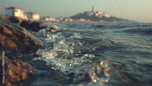 Wallpaper Mural Waves lap rocky shore, town blurs on distant hill Torontodigital.ca