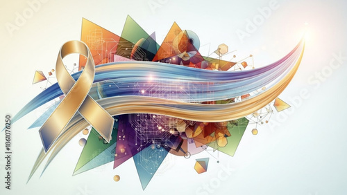Abstract colorful ribbon and geometric shapes in dynamic motion with gradient effect