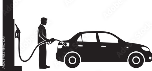 A silhouetted illustration depicts a person fueling a modern sedan at a gas station, showcasing everyday transportation