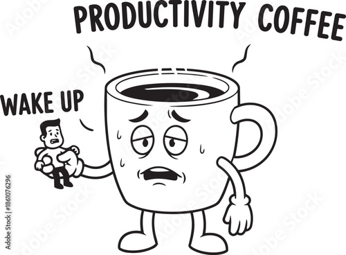 Funny "Productivity Coffee" Pun Illustration - Humorous Cartoon of a Tired Mug Waking Up a Tiny Person for Morning Energy and Work Motivation