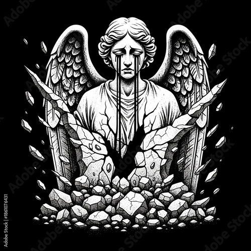 Melancholy Angel Statue Emerging from Crumbled Rocks.