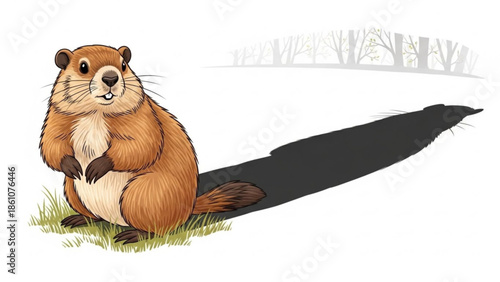 Cartoon beaver standing on hind legs in grassy field with shadow on white background