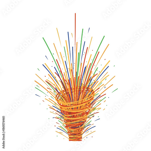 A vibrant digital illustration of colorful spaghetti strands bursting out of a plate in a dynamic, playful composition. Perfect for food blogs, restaurant menus, and culinary advertisements.