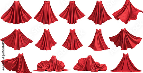 Red fabric drapery collection vector illustration showing flowing cloth folds and elegant curtain shapes for stage design, fashion concepts, and luxury background decoration