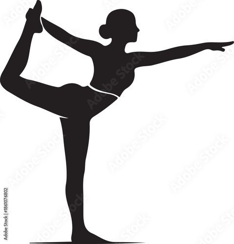 A minimalist black silhouette of a woman in an elegant yoga balance pose. This vector represents fitness, wellness, flexibility, and the grace of a healthy, active lifestyle.