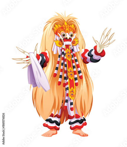 Traditional Rangda dancer from Bali in full costume with long hair and fierce mask. Vector cartoon character illustration