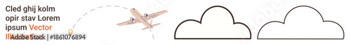 Travel, tourism, navigation, transportation, aviation, and flight planning. An airplane with a dashed flight path heading past two cloud outlines. Travel and tourism conceptual design