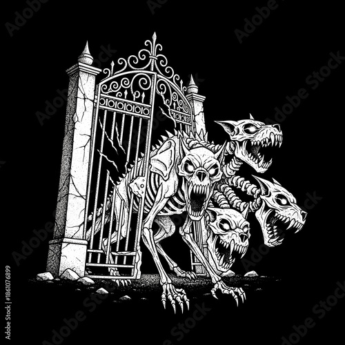Terrifying Three Headed Hellhound Emerging from Ornate Gates.