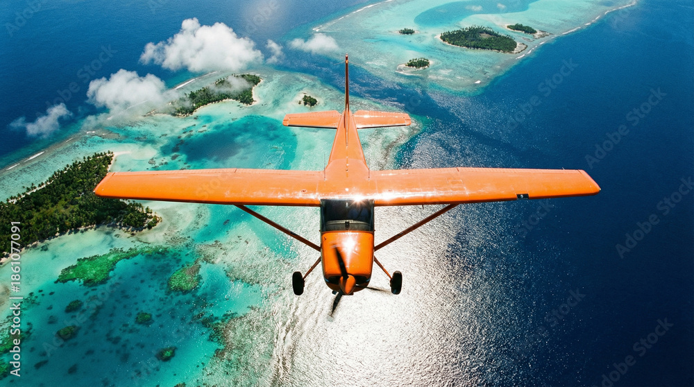 Naklejka premium Top-down aerial of an orange bush plane flying over tropical lagoons