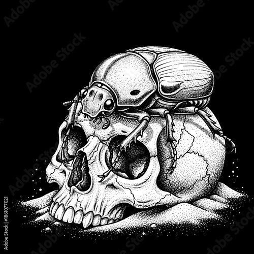 Detailed Illustration of a Scarab Beetle Resting on a Human Skull.