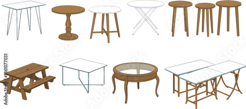 Table and stool furniture collection vector illustration featuring wooden and modern designs including dining tables, coffee tables, picnic tables, and interior home furniture elements