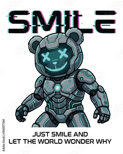 Cyberpunk Robot Bear with Glitching 'SMILE' Display, Encouraging a Mysterious Aura