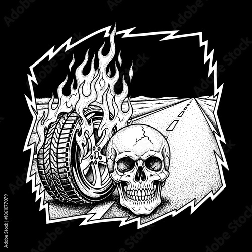 Burning Tire and Skull on a Road.