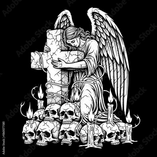 Angel Embracing Cross Surrounded by Skulls and Candles.