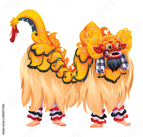 Balinese Barong Ket creature costume with golden ornaments and fur. Vector cartoon illustration