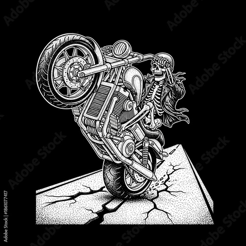 Skeleton Rider Performing Wheelie on Motorcycle.