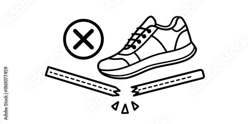 Rejected sneaker with broken sole and crossed out symbol