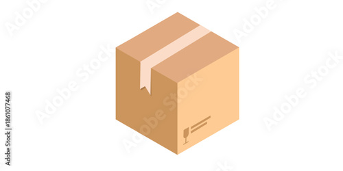 Brown cardboard box with packing tape on white background