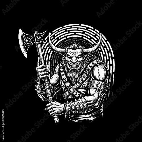 Fierce Minotaur Warrior Holding an Axe with Horns and Beard.