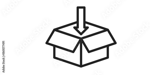 Simple line icon of open cardboard delivery box with arrow