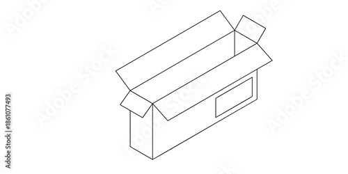 Open cardboard box with flaps and rectangular label