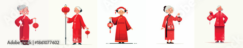 vector of a grandmother standing hold a Chinese New Year lantern