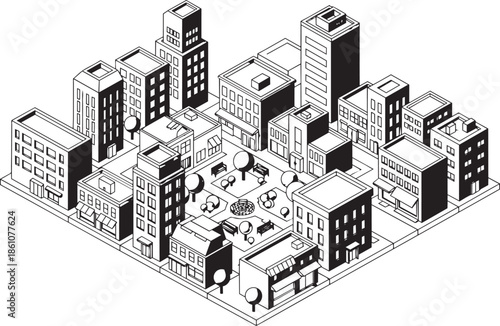 Isometric City Architecture Line Art - Vector Illustration of Urban Buildings, Town Square, and City Park for Real Estate, Infrastructure, and Map Design