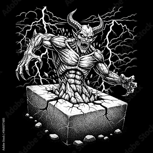 Terrifying Demon Emerging from Stone Block with Lightning.