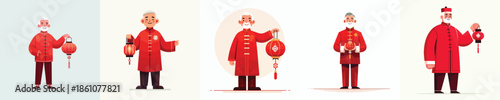 vector of a grandfather standing hold a Chinese New Year lantern