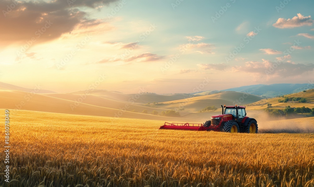 Fototapeta premium Scenic rural landscape with a red tractor plowing a golden wheat field, surrounded by rolling hills under soft morning light, creating a nostalgic and peaceful view,