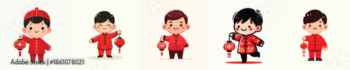 vector of a little boy standing hold a Chinese New Year lantern
