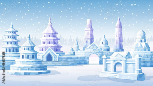 Snowy fantasy cityscape with ice palace, towers and archways under snowfall, winter wonderland scene with frozen architecture
