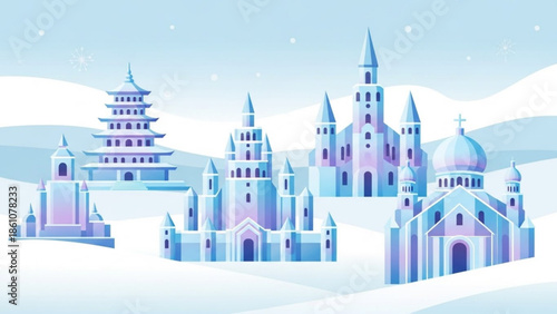 Snowy fantasy cityscape with pagoda, churches and castle, winter landscape, blue and purple hues, snowy mountains in background, dreamy scenery