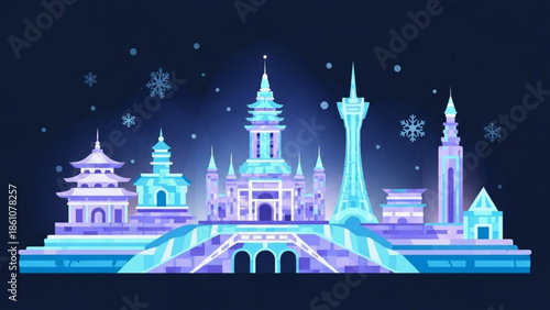Glowing blue and purple fantasy cityscape with bridge and snowflakes at night, futuristic architecture, illuminated buildings, dreamlike scenery, snowy urban landscape