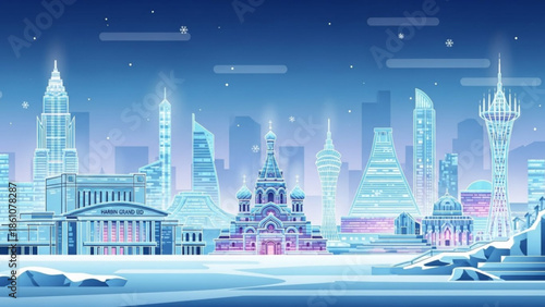 Snowy cityscape with futuristic skyscrapers and historic buildings at night, illuminated by soft blue and pink lights, with a serene winter landscape and snowfall