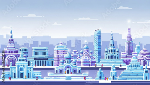 Cityscape with various buildings and people in a futuristic illustration style with blue and purple hues under a cloudy sky