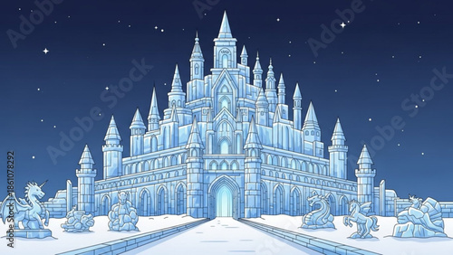 Ice palace castle with towers and dragons in snowy landscape at night under starry sky