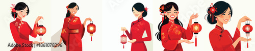 vector half body of a woman holding a Chinese New Year lantern