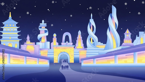 Nighttime scene of futuristic cityscape with pagoda tower, people walking on pathway under starry sky with snowflakes, illuminated buildings and abstract sculptures